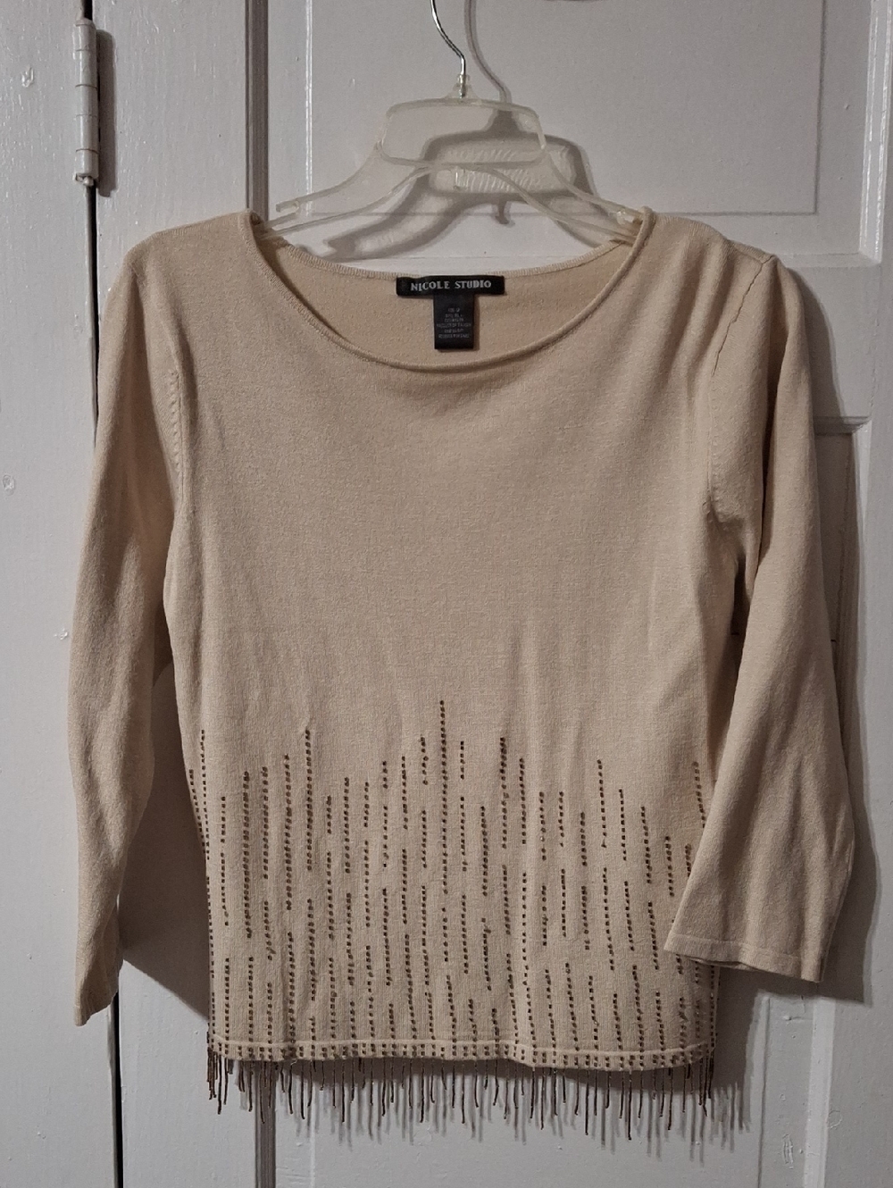 Nicole Studio Beige Fringe Hem Women's Sweater Top (Mis199)